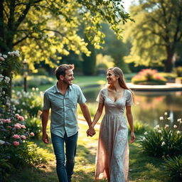 A heartwarming scene capturing a loving couple holding hands while walking through a lush green park, surrounded by blooming flowers and dappled sunlight filtering through the trees