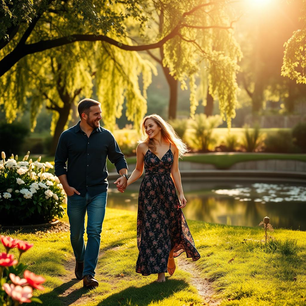 A heartwarming scene capturing a loving couple holding hands while walking through a lush green park, surrounded by blooming flowers and dappled sunlight filtering through the trees