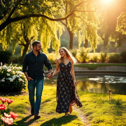 A heartwarming scene capturing a loving couple holding hands while walking through a lush green park, surrounded by blooming flowers and dappled sunlight filtering through the trees
