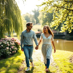 A heartwarming scene capturing a loving couple holding hands while walking through a lush green park, surrounded by blooming flowers and dappled sunlight filtering through the trees