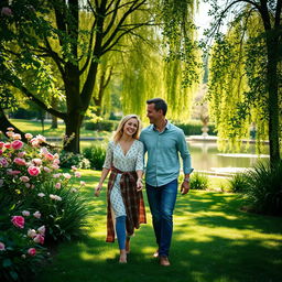 A heartwarming scene capturing a loving couple holding hands while walking through a lush green park, surrounded by blooming flowers and dappled sunlight filtering through the trees