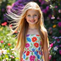 A stunning portrait of a medium complexion white girl with long, flowing hair and captivating blue eyes