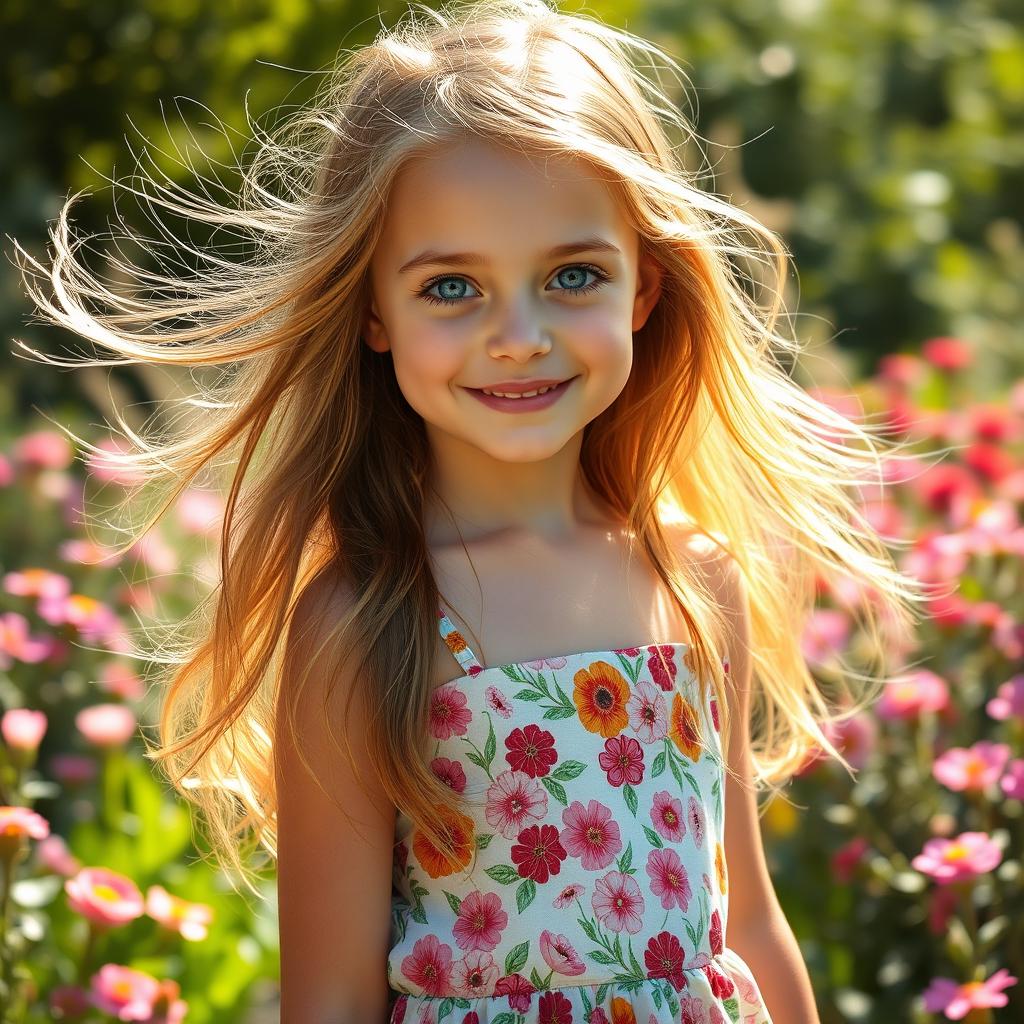 A stunning portrait of a medium complexion white girl with long, flowing hair and captivating blue eyes