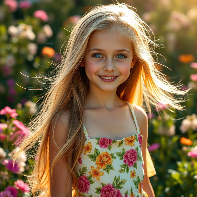 A stunning portrait of a medium complexion white girl with long, flowing hair and captivating blue eyes