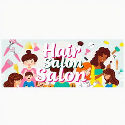 A vibrant and colorful banner featuring a hair salon theme, showcasing diverse scenes of hair cutting for kids, babies, and women, alongside makeup and threading services