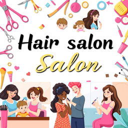 A vibrant and colorful banner featuring a hair salon theme, showcasing diverse scenes of hair cutting for kids, babies, and women, alongside makeup and threading services