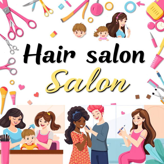 A vibrant and colorful banner featuring a hair salon theme, showcasing diverse scenes of hair cutting for kids, babies, and women, alongside makeup and threading services