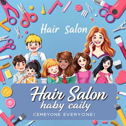 A vibrant and colorful banner featuring a hair salon theme, showcasing diverse scenes of hair cutting for kids, babies, and women, alongside makeup and threading services
