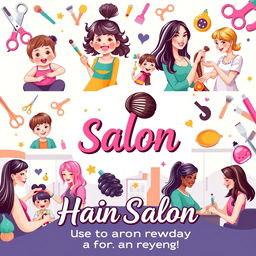 A vibrant and colorful banner featuring a hair salon theme, showcasing diverse scenes of hair cutting for kids, babies, and women, alongside makeup and threading services