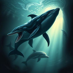 A terrifying hybrid creature that combines features of a False Killer Whale and a Bottlenose Dolphin into a single monstrous entity