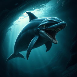 A terrifying hybrid creature that combines features of a False Killer Whale and a Bottlenose Dolphin into a single monstrous entity
