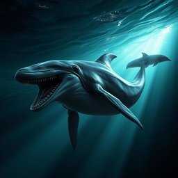 A terrifying hybrid creature that combines features of a False Killer Whale and a Bottlenose Dolphin into a single monstrous entity