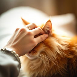 A serene close-up shot of a woman's hand gently caressing the soft fur of a fluffy, orange tabby cat