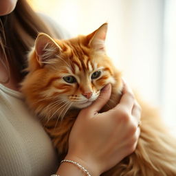 A serene close-up shot of a woman's hand gently caressing the soft fur of a fluffy, orange tabby cat