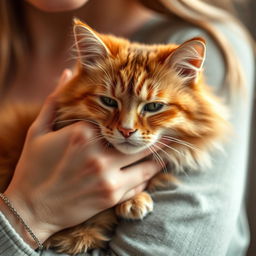 A serene close-up shot of a woman's hand gently caressing the soft fur of a fluffy, orange tabby cat