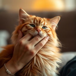 A serene close-up shot of a woman's hand gently caressing the soft fur of a fluffy, orange tabby cat