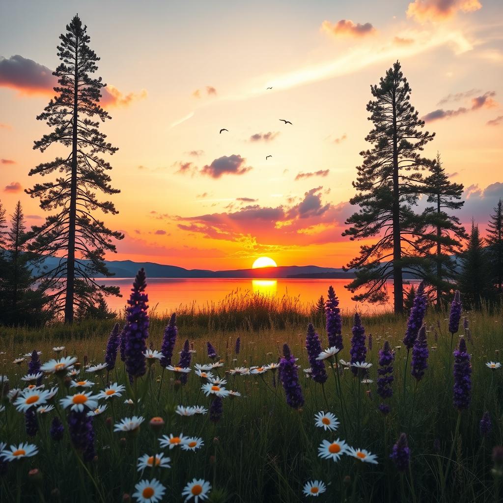 A serene landscape with a beautiful sunset over a calm lake, reflecting vibrant shades of orange, pink, and purple in the water