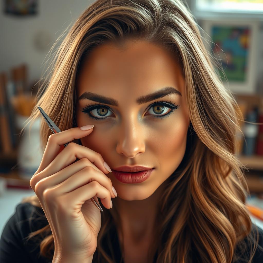 A close-up portrait of a confident woman holding a pair of metallic scissors delicately near her face, showcasing her striking features and expressive eyes
