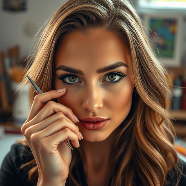 A close-up portrait of a confident woman holding a pair of metallic scissors delicately near her face, showcasing her striking features and expressive eyes