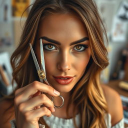 A close-up portrait of a confident woman holding a pair of metallic scissors delicately near her face, showcasing her striking features and expressive eyes