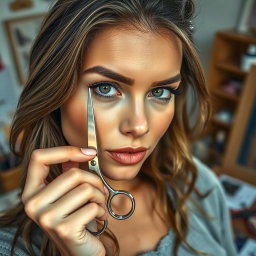 A close-up portrait of a confident woman holding a pair of metallic scissors delicately near her face, showcasing her striking features and expressive eyes