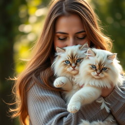A close-up portrait of a woman gently holding a fluffy cat in her arms
