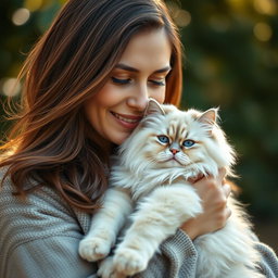 A close-up portrait of a woman gently holding a fluffy cat in her arms