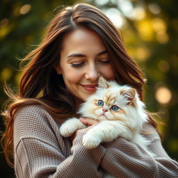A close-up portrait of a woman gently holding a fluffy cat in her arms