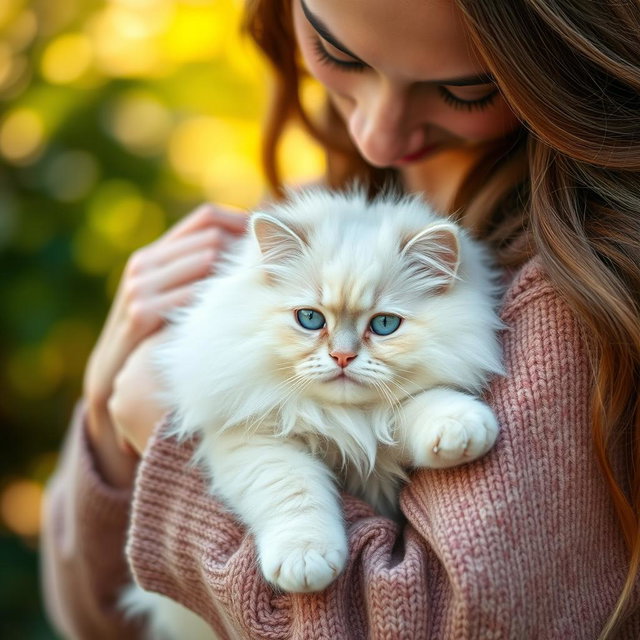 A close-up portrait of a woman gently holding a fluffy cat in her arms