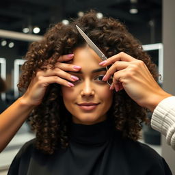 A woman with curly hair is sitting in a modern salon, getting her hair cut