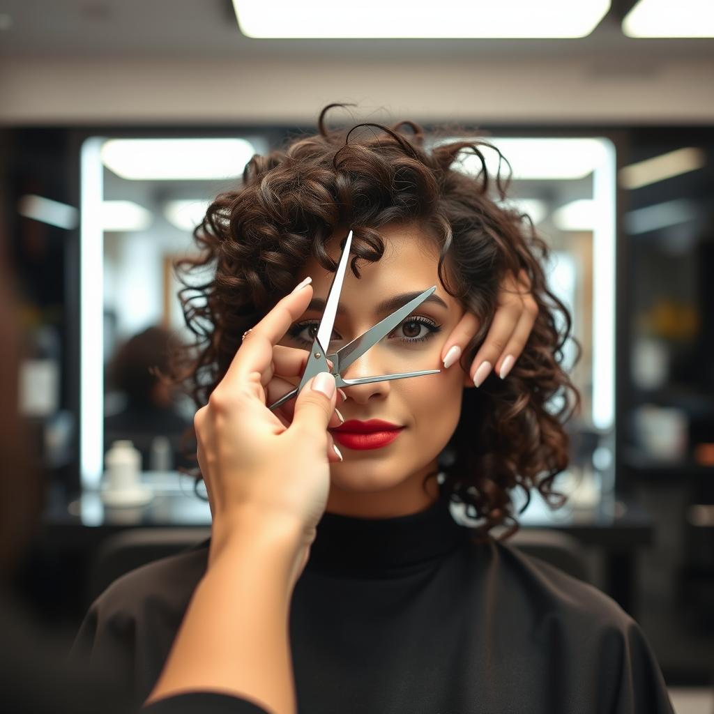 A woman with curly hair is sitting in a modern salon, getting her hair cut