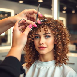 A woman with curly hair is sitting in a modern salon, getting her hair cut