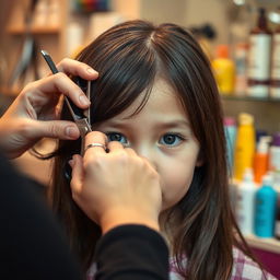A close-up shot of a hair salon scene, focusing on a small girl's hair being cut