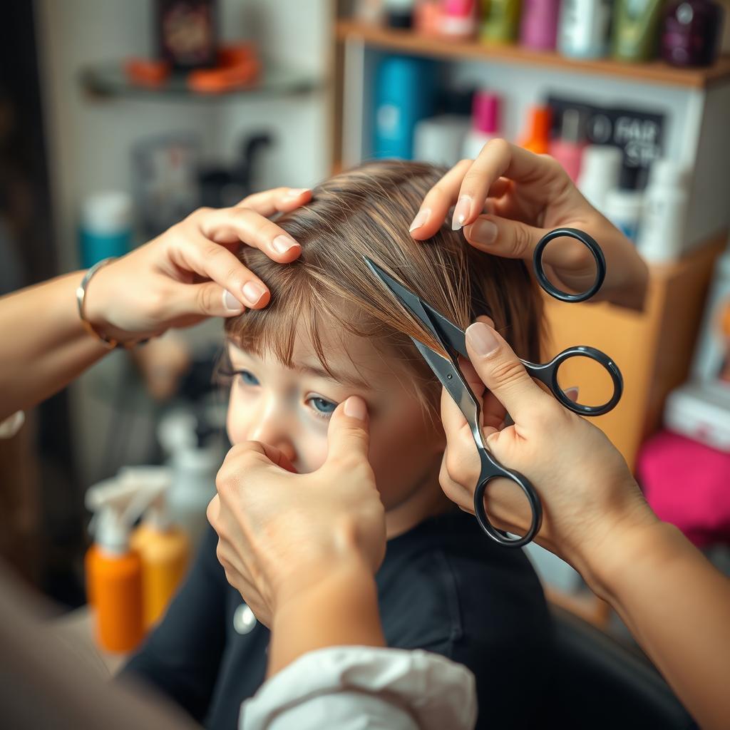 A close-up shot of a hair salon scene, focusing on a small girl's hair being cut