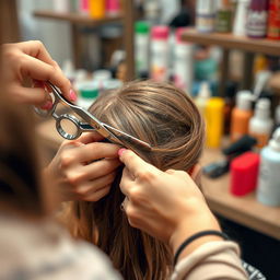 A close-up shot of a hair salon scene, focusing on a small girl's hair being cut