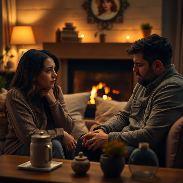 A poignant scene capturing a moment of emotional tension between a couple in a cozy living room filled with warm lighting