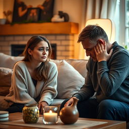 A poignant scene capturing a moment of emotional tension between a couple in a cozy living room filled with warm lighting