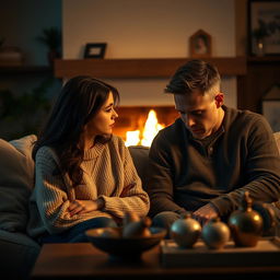 A poignant scene capturing a moment of emotional tension between a couple in a cozy living room filled with warm lighting