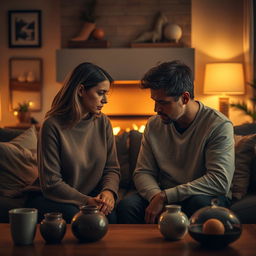 A poignant scene capturing a moment of emotional tension between a couple in a cozy living room filled with warm lighting