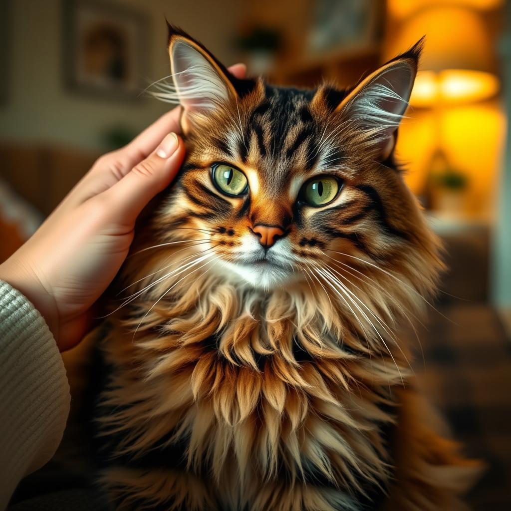 A close-up of a woman's hand gently stroking a fluffy cat, with the woman's arm in soft focus