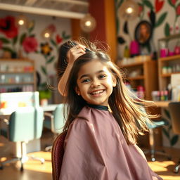 A small brown girl elegantly cutting her hair in a salon