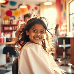 A small brown girl elegantly cutting her hair in a salon