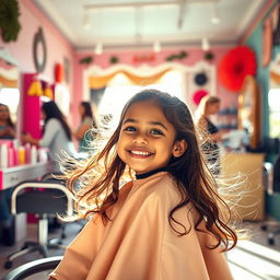 A small brown girl elegantly cutting her hair in a salon