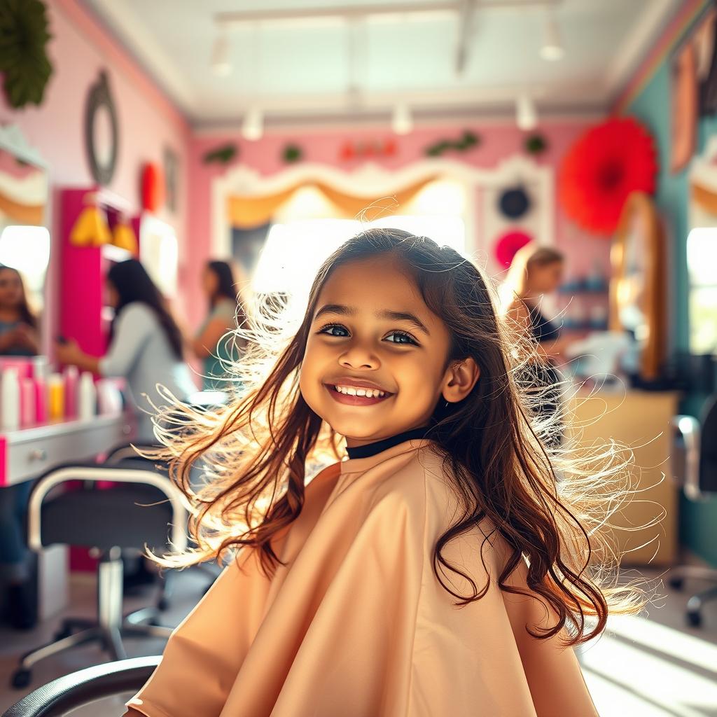 A small brown girl elegantly cutting her hair in a salon