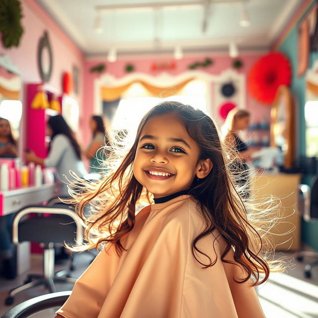A small brown girl elegantly cutting her hair in a salon