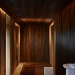 A well-lit, serene bathroom with walls adorned with rich, dark wooden planks, accentuating an atmosphere of rustic elegance.