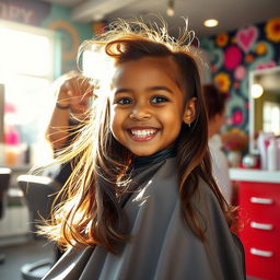 A small brown girl elegantly cutting her hair in a salon