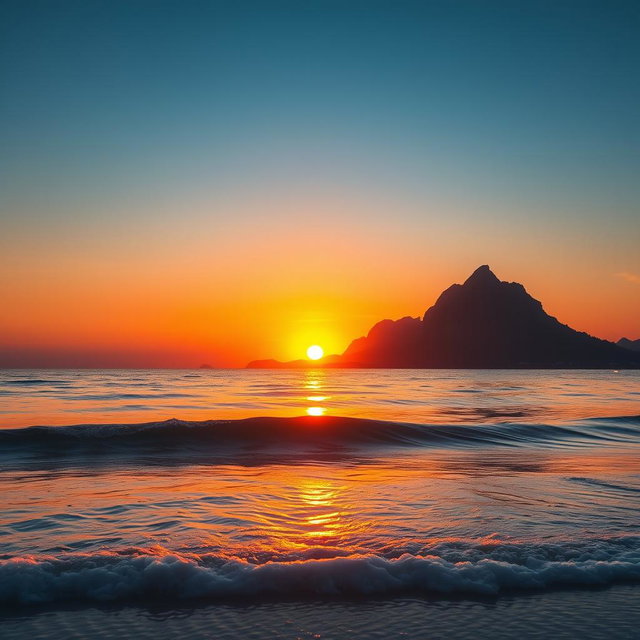 A serene and picturesque landscape featuring a vibrant sun setting or rising over a majestic mountain range, with a tranquil sea in the foreground