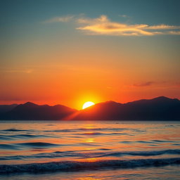 A serene and picturesque landscape featuring a vibrant sun setting or rising over a majestic mountain range, with a tranquil sea in the foreground