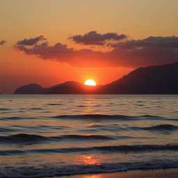 A serene and picturesque landscape featuring a vibrant sun setting or rising over a majestic mountain range, with a tranquil sea in the foreground